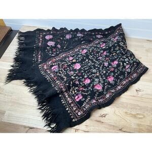 Jane Seymour Signature 100% Wool Scarf - Black W/ Flowers 15" x 42" Rectangular